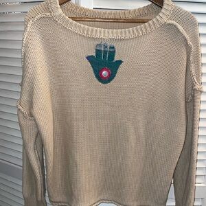 Neutral Crewneck Sweater with Embroidered Hamsa Accent